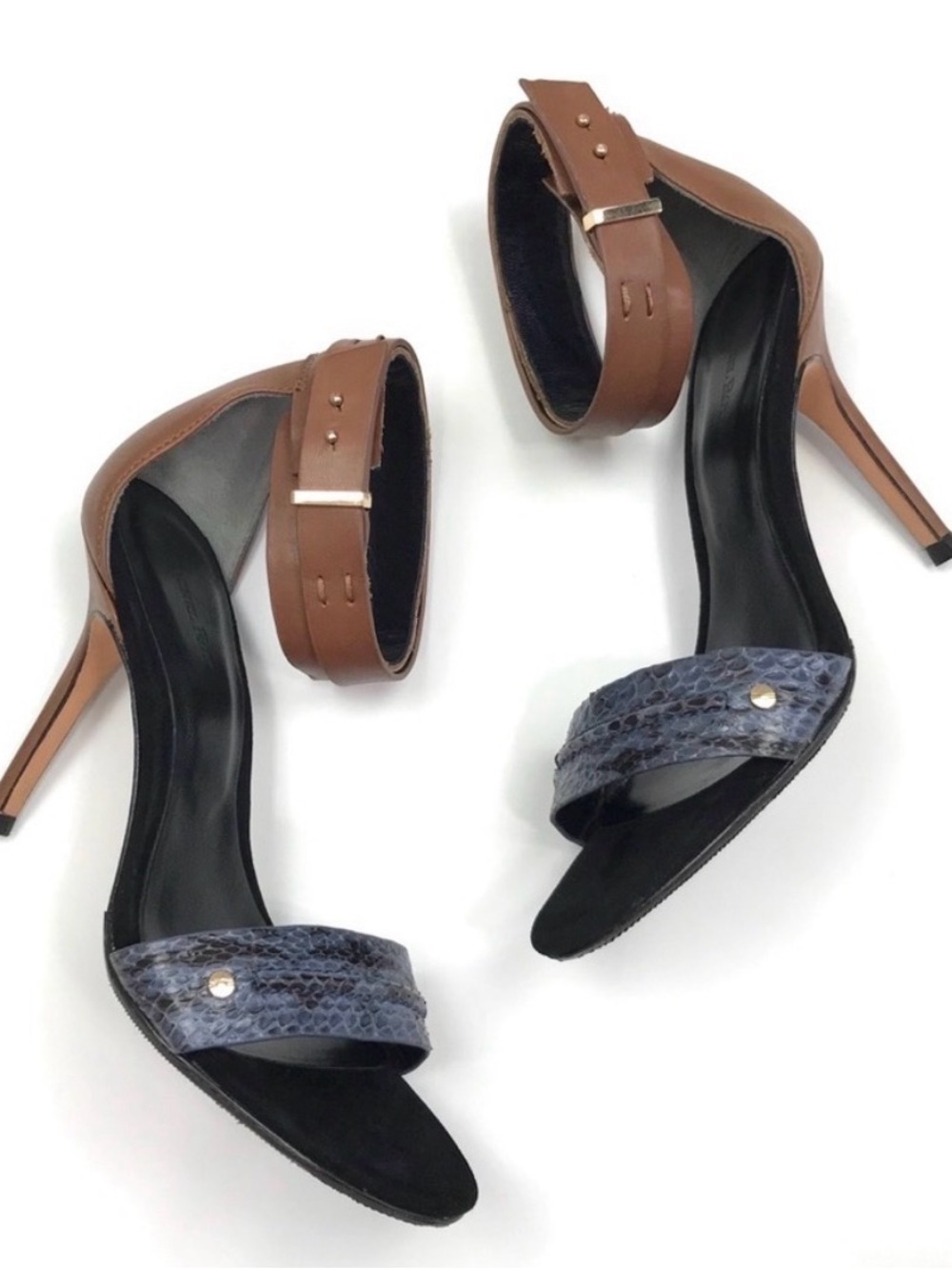 Rachel Roy Osaka Ankle Wrap High Heel Sandals with Navy Snake-Print Strap